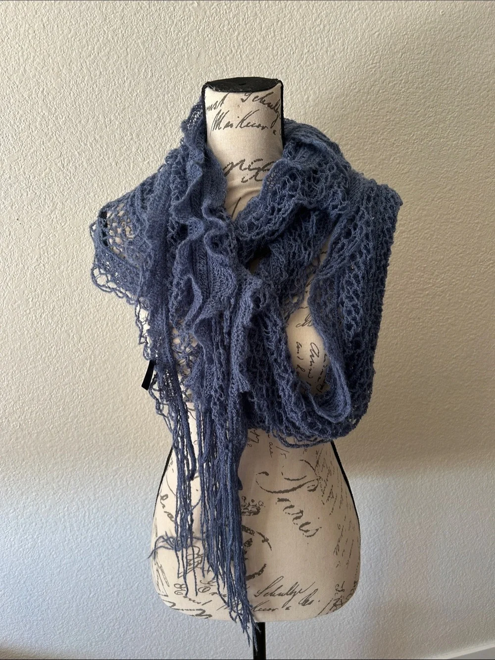 Dusty Blue Knit Lace Fringe Wrap Scarf
